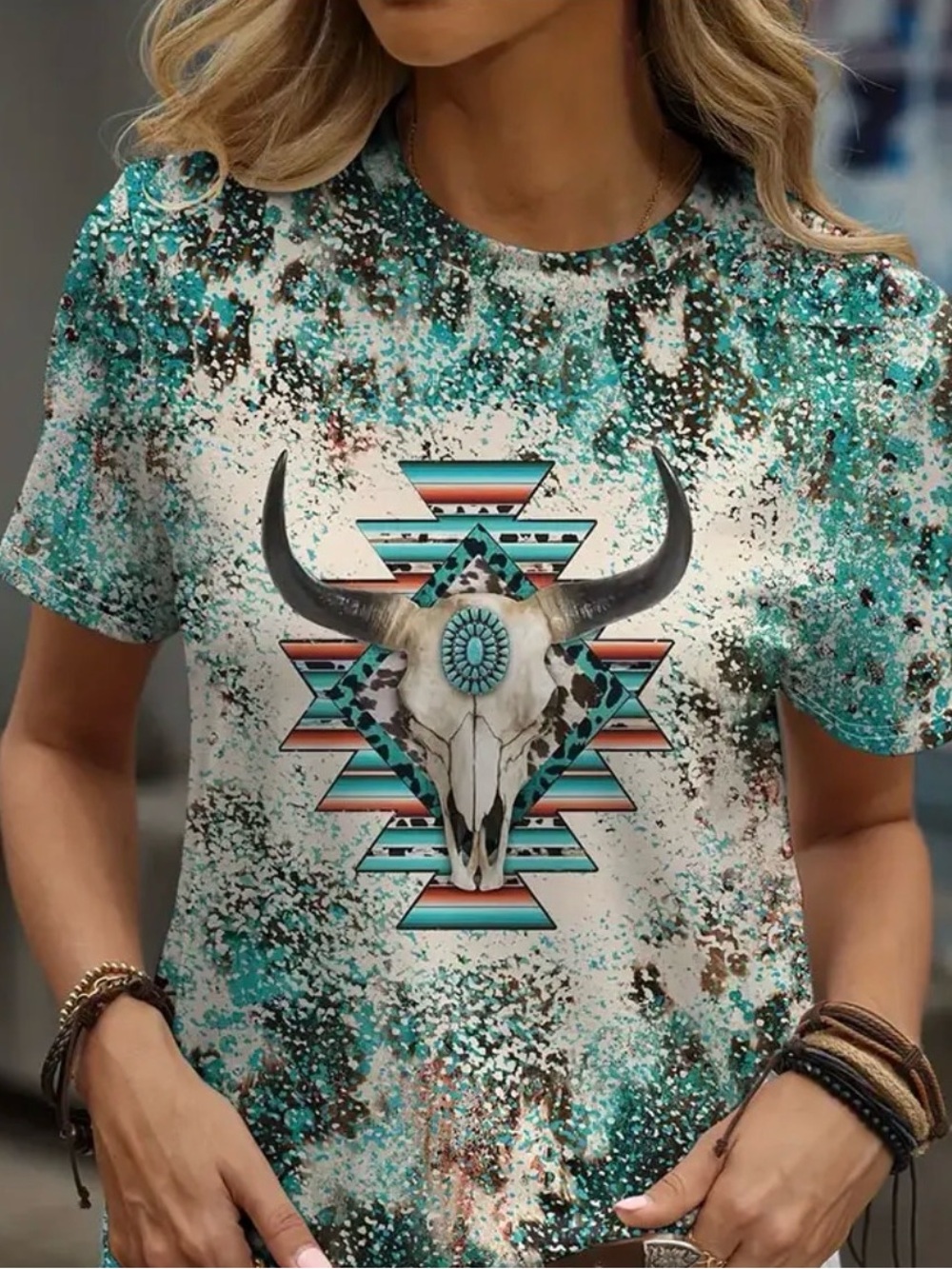 SHEIN Turquoise Aztec Bull Skull Graphic Tee
